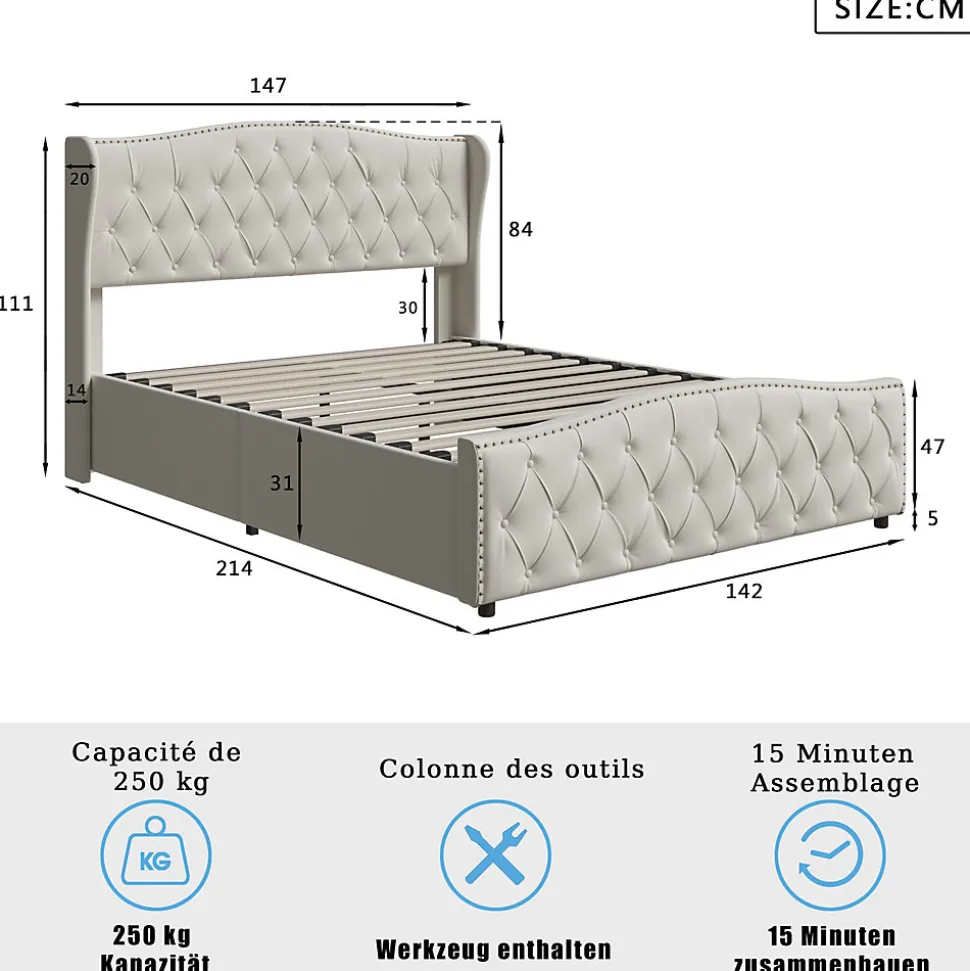 Lit double 140x200 cm en velours blanc cassé avec clous décoratifs, motif ondulé, sommier à lattes et rangement