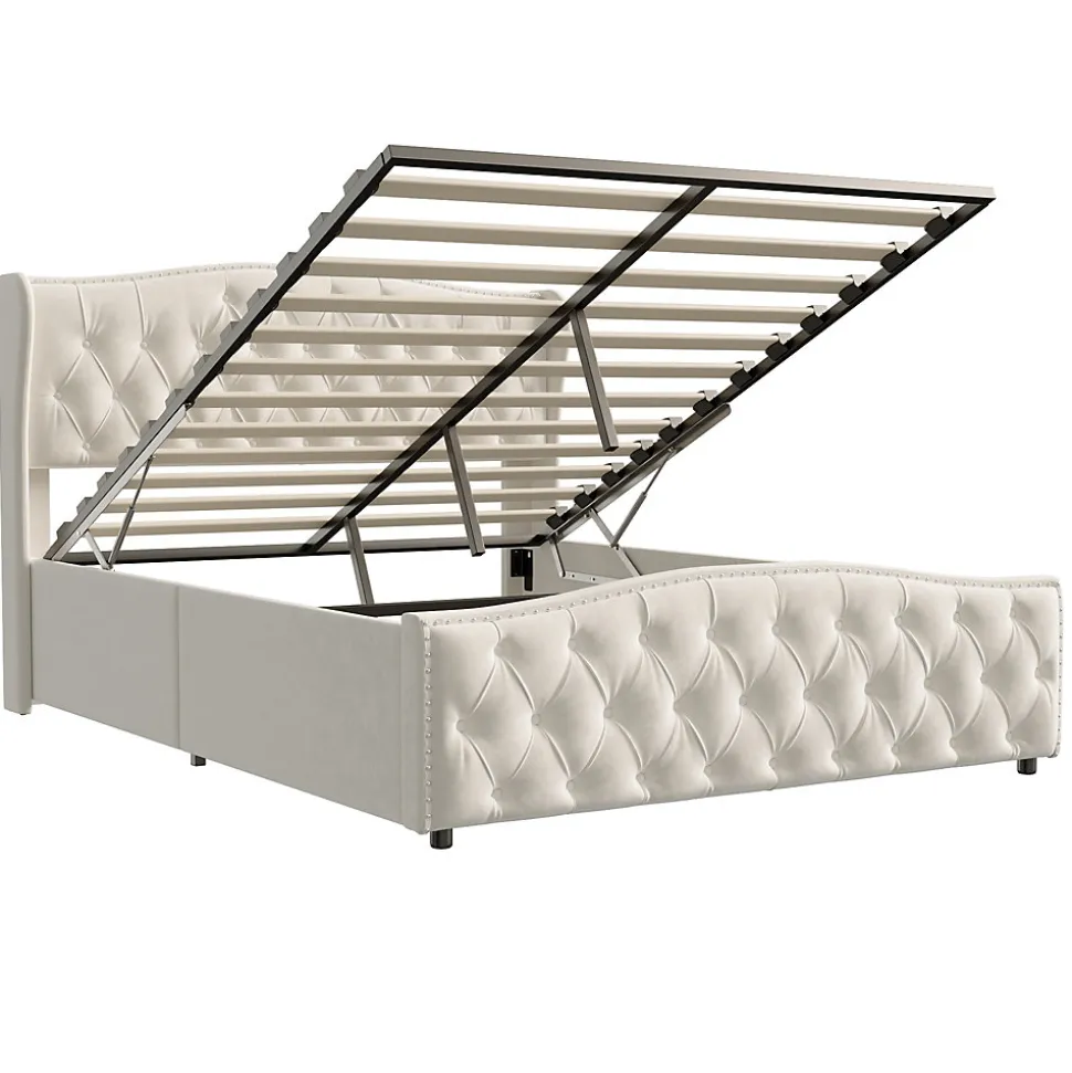 Lit double 140x200 cm en velours blanc cassé avec clous décoratifs, motif ondulé, sommier à lattes et rangement