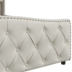 Lit double 140x200 cm en velours blanc cassé avec clous décoratifs, motif ondulé, sommier à lattes et rangement