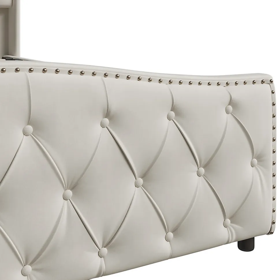 Lit double 140x200 cm en velours blanc cassé avec clous décoratifs, motif ondulé, sommier à lattes et rangement