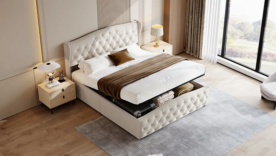 Lit double 140x200 cm en velours blanc cassé avec clous décoratifs, motif ondulé, sommier à lattes et rangement