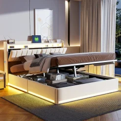 Lit double 160x200 cm en velours beige avec éclairage LED RGB, ports USB & Type-C, tête de lit avec rangement et 4 tiroirs