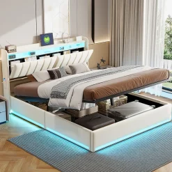 Lit double 160x200 cm en velours beige avec éclairage LED RGB, ports USB & Type-C, tête de lit avec rangement et 4 tiroirs