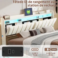 Lit double 160x200 cm en velours beige avec éclairage LED RGB, ports USB & Type-C, tête de lit avec rangement et 4 tiroirs