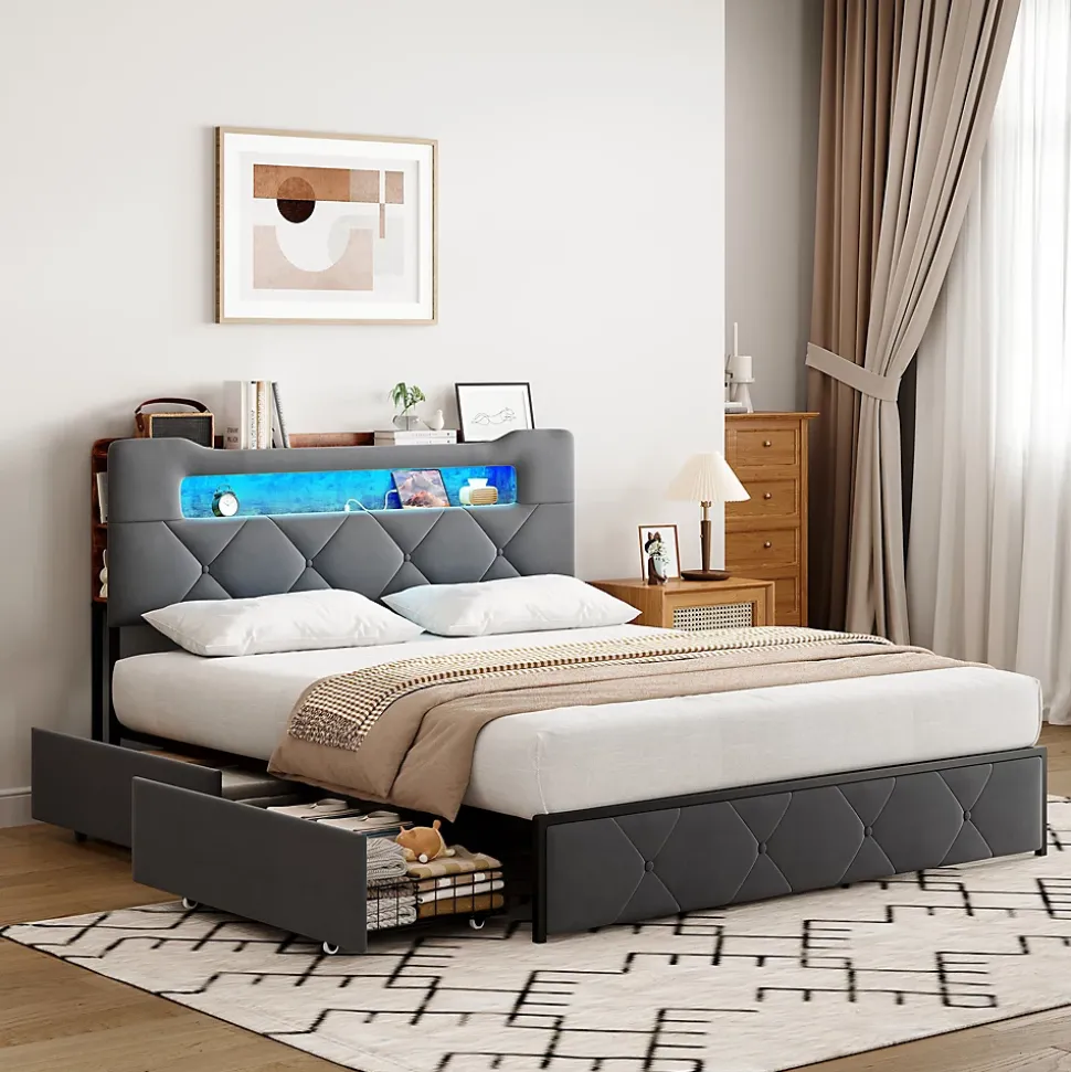 Lit double 140x190 cm en velours gris avec LED,USB, sommier à lattes, tête de lit rangement et 4 tiroirs, Velours, Beige