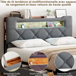 Lit double 140x190 cm en velours gris avec LED,USB, sommier à lattes, tête de lit rangement et 4 tiroirs, Velours, Beige