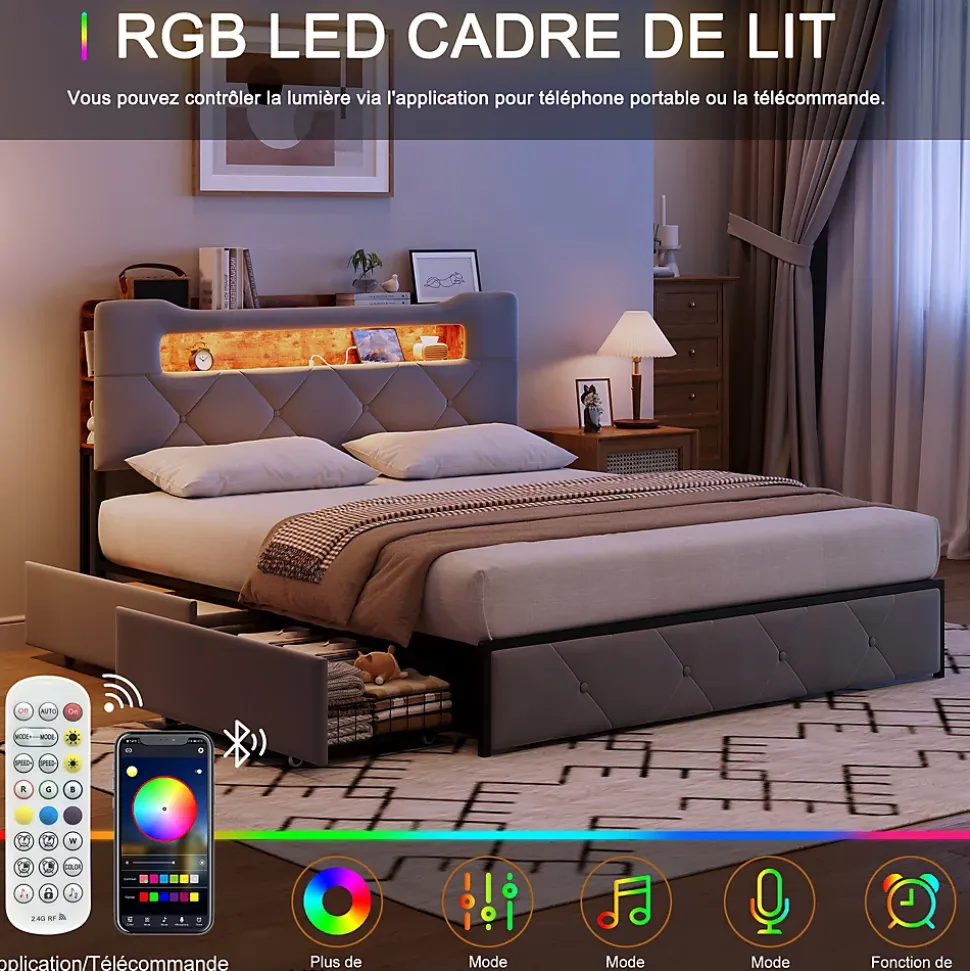 Lit double 140x190 cm en velours gris avec LED,USB, sommier à lattes, tête de lit rangement et 4 tiroirs, Velours, Beige