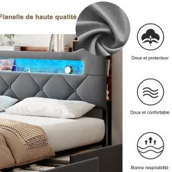 Lit double 140x190 cm en velours gris avec LED,USB, sommier à lattes, tête de lit rangement et 4 tiroirs, Velours, Beige