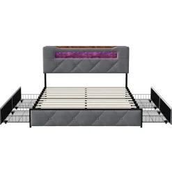 Lit double 140x190 cm en velours gris avec LED,USB, sommier à lattes, tête de lit rangement et 4 tiroirs, Velours, Beige