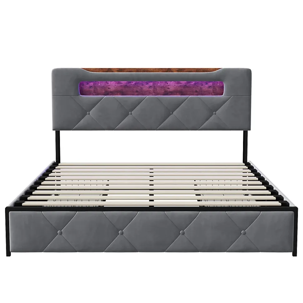 Lit double 140x190 cm en velours gris avec LED,USB, sommier à lattes, tête de lit rangement et 4 tiroirs, Velours, Beige