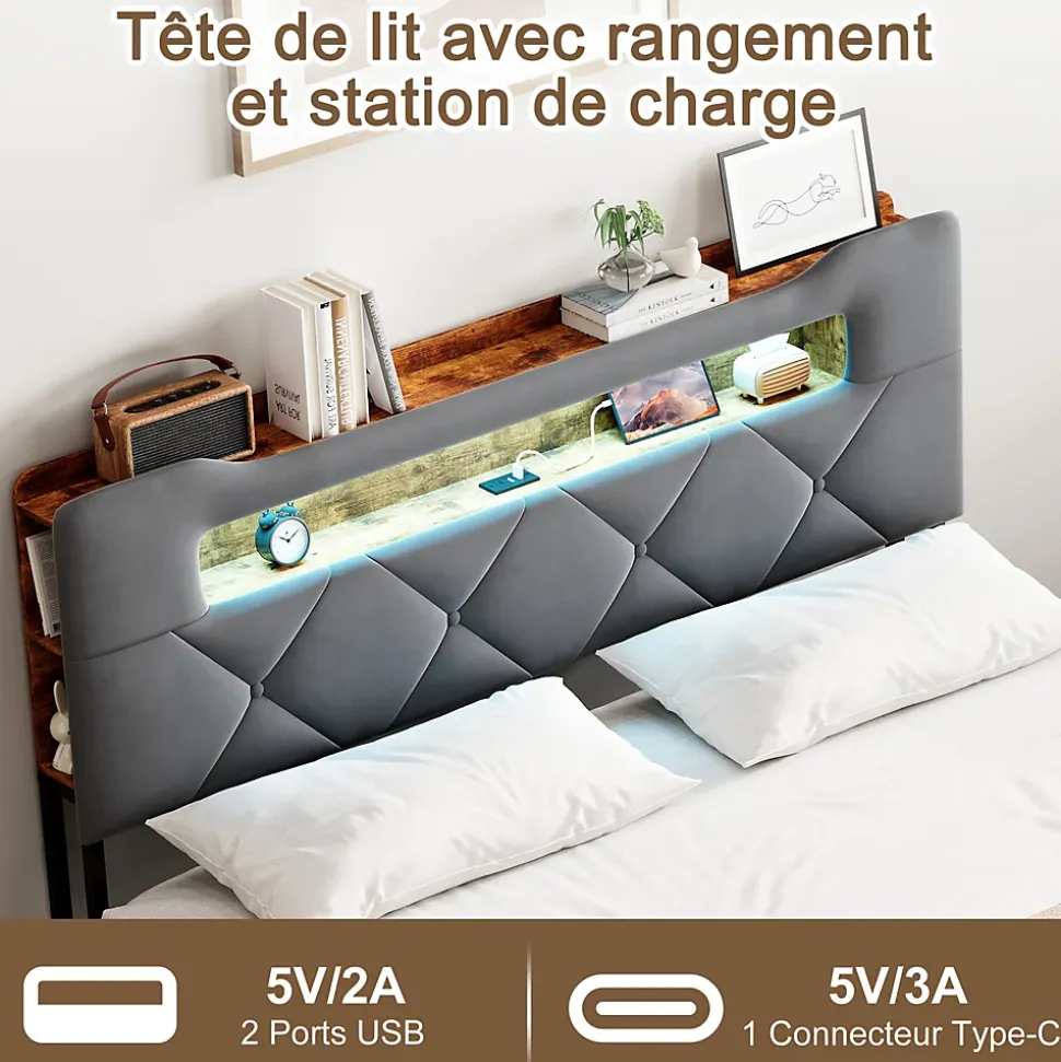 Lit double 140x190 cm en velours gris avec LED,USB, sommier à lattes, tête de lit rangement et 4 tiroirs, Velours, Beige