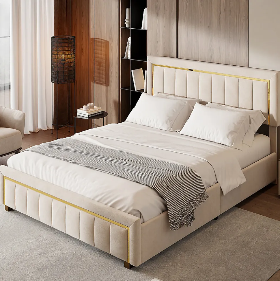 Lit double 160x200 cm en velours avec bordure dorée, tête de lit capitonnée, lit coffre avec espace de rangement, Beige
