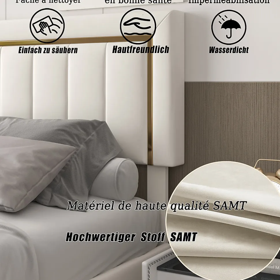 Lit double 160x200 cm en velours avec bordure dorée, tête de lit capitonnée, lit coffre avec espace de rangement, Beige