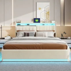 Lit double 140x200 cm en velours beige avec éclairage LED RGB, ports USB & Type-C, tête de lit avec rangement