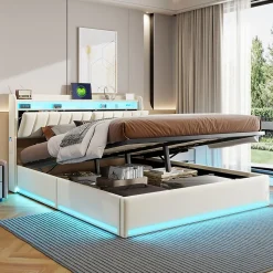 Lit double 140x200 cm en velours beige avec éclairage LED RGB, ports USB & Type-C, tête de lit avec rangement