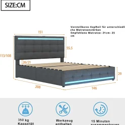 Lit double 140x200 cm gris tissu avec LED, 4 tiroirs, 2 ports USB, cadre avec tête et pied LED, Lit plateforme avec rangement