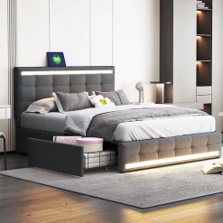 Lit double 140x200 cm gris tissu avec LED, 4 tiroirs, 2 ports USB, cadre avec tête et pied LED, Lit plateforme avec rangement