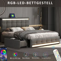 Lit double 140x200 cm gris tissu avec LED, 4 tiroirs, 2 ports USB, cadre avec tête et pied LED, Lit plateforme avec rangement