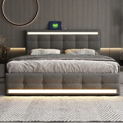 Lit double 140x200 cm, LED, 4 tiroirs, tête de lit avec USB, tissu lin gris