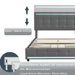 Lit double 140x200 cm, LED, 4 tiroirs, tête de lit avec USB, tissu lin gris