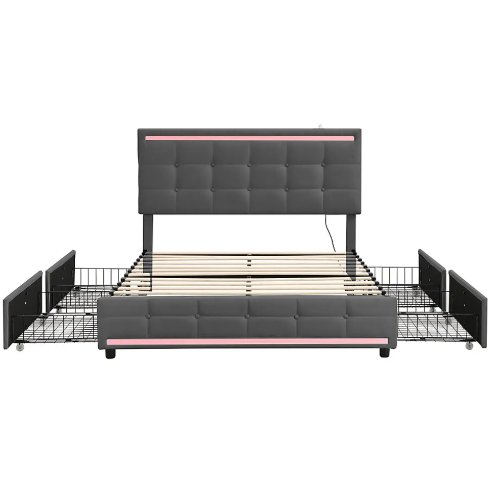 Lit double 140x200 cm, LED, 4 tiroirs, tête de lit avec USB, tissu lin gris