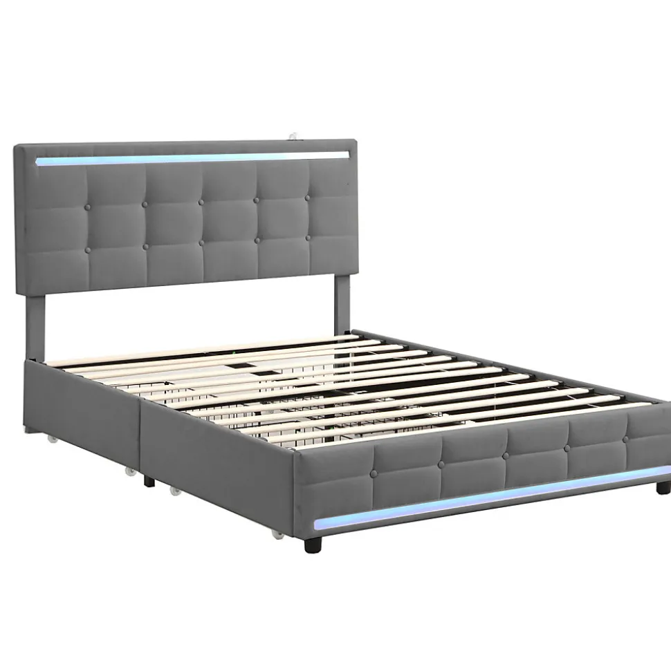 Lit double 140x200 cm, LED, 4 tiroirs, tête de lit avec USB, tissu lin gris