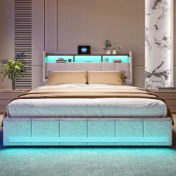 Lit double 160x200 cm lin beige avec LED, 4 tiroirs métal, rangement tête de lit et ports USB/Type-C - Moderne et fonctionnel