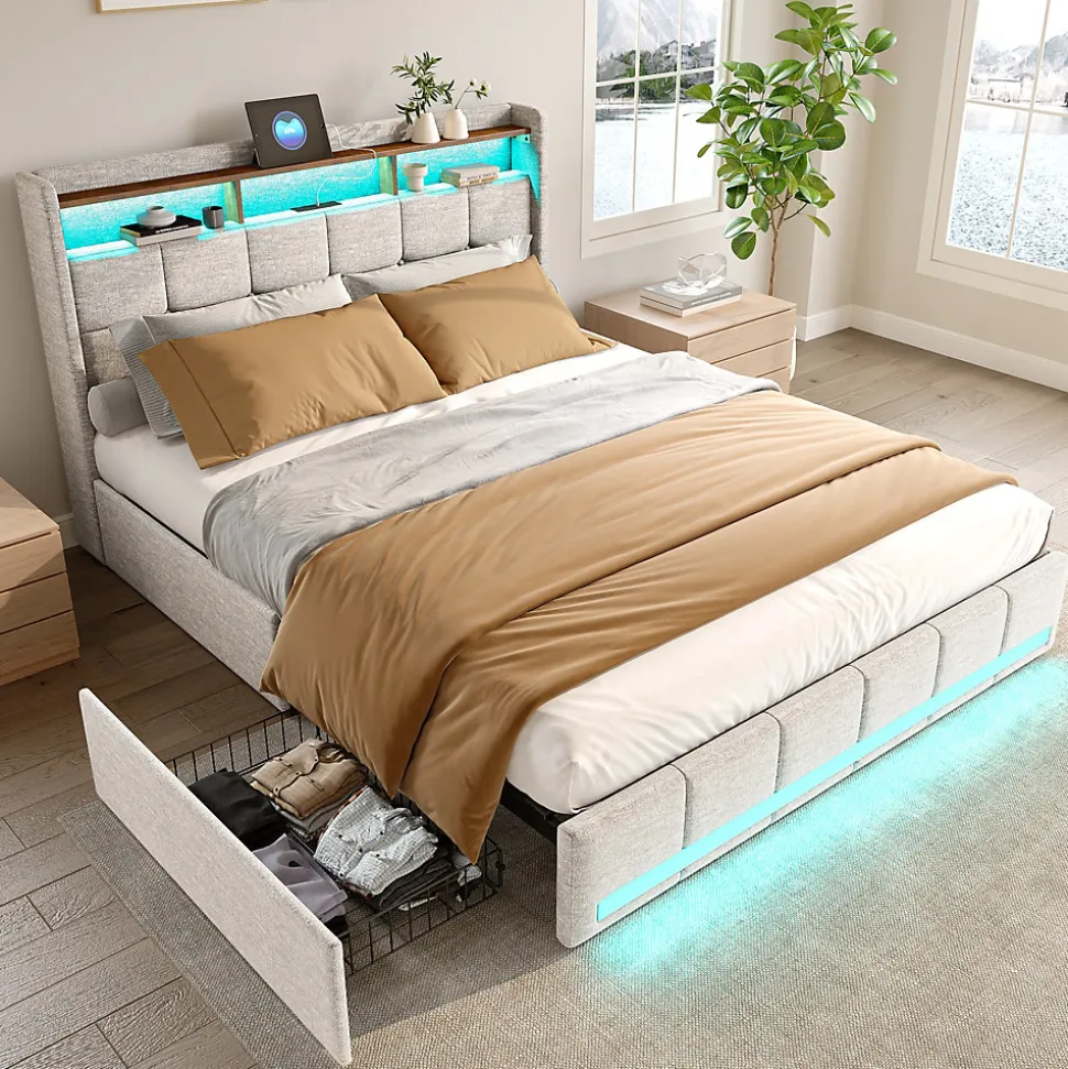 Lit double 160x200 cm lin beige avec LED, 4 tiroirs métal, rangement tête de lit et ports USB/Type-C - Moderne et fonctionnel