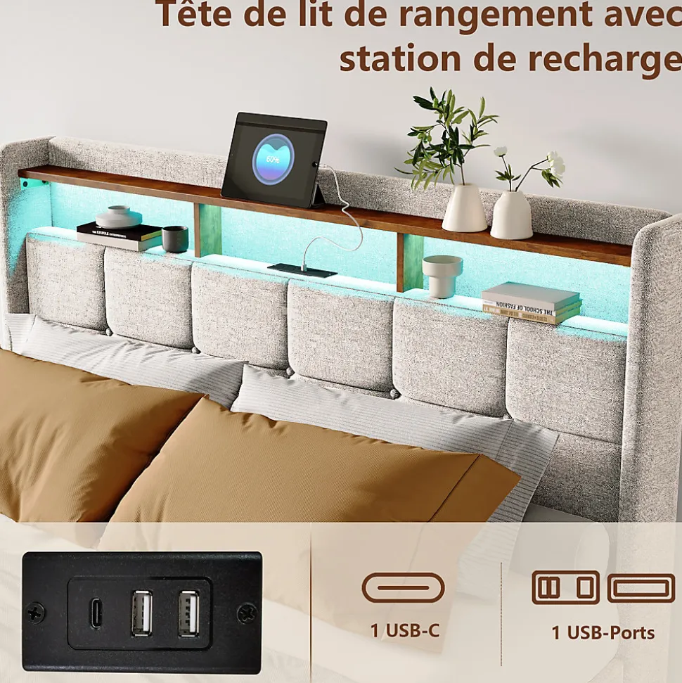 Lit double 160x200 cm lin beige avec LED, 4 tiroirs métal, rangement tête de lit et ports USB/Type-C - Moderne et fonctionnel