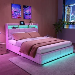 Lit double 160x200 cm lin beige avec LED, 4 tiroirs métal, rangement tête de lit et ports USB/Type-C - Moderne et fonctionnel