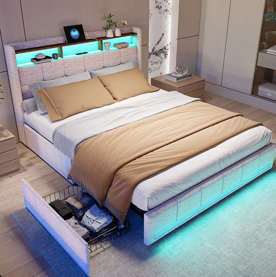 Lit double 160x200 cm lin beige avec LED, 4 tiroirs métal, rangement tête de lit et ports USB/Type-C - Moderne et fonctionnel