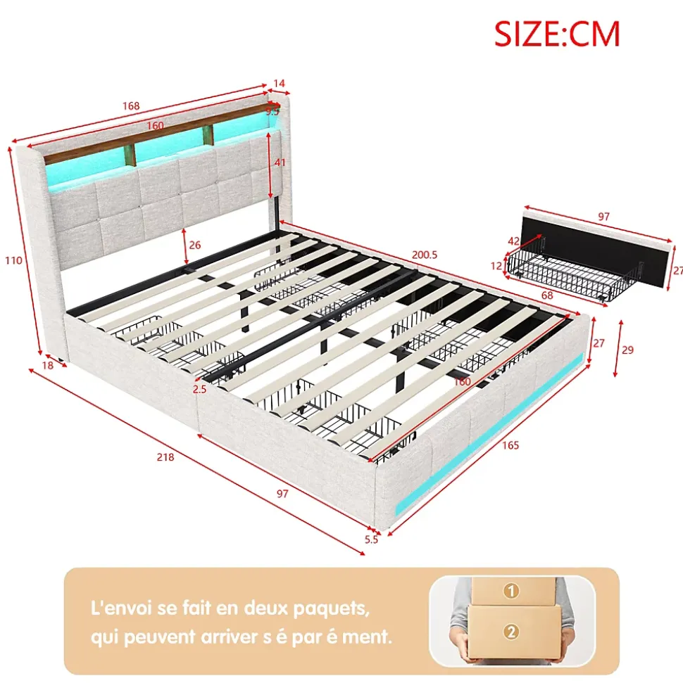 Lit double 160x200 cm lin beige avec LED, 4 tiroirs métal, rangement tête de lit et ports USB/Type-C - Moderne et fonctionnel