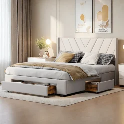 Lit double 160x200 cm lin beige avec 3 tiroirs, cadre rembourré, Tissu doux, confortable et facile à entretenir
