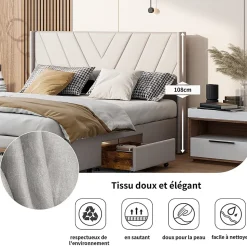 Lit double 160x200 cm lin beige avec 3 tiroirs, cadre rembourré, Tissu doux, confortable et facile à entretenir