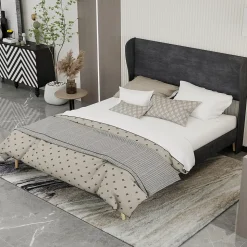 Lit Double 160x200 cm, Lit Adulte avec Tête de Lit Douce et Cadre Bas, Velours et Métal, Gris, sans Matelas