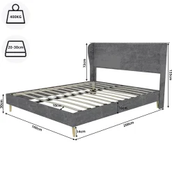 Lit Double 160x200 cm, Lit Adulte avec Tête de Lit Douce et Cadre Bas, Velours et Métal, Gris, sans Matelas