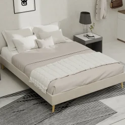 Lit Double 140x200 cm, Lit Adulte et Ado avec Cadre Bas Minimaliste, Design Stable en Velours Néerlandais Beige, Sans Matelas
