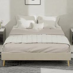 Lit Double 140x200 cm, Lit Adulte et Ado avec Cadre Bas Minimaliste, Design Stable en Velours Néerlandais Beige, Sans Matelas