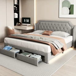 Lit Double 180x200 cm, Lit Capitonné avec LED et 2 Tiroirs, Structure en Tissu Lin et Métal, Gris - Sans Matelas