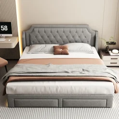 Lit Double 180x200 cm, Lit Capitonné avec LED et 2 Tiroirs, Structure en Tissu Lin et Métal, Gris - Sans Matelas