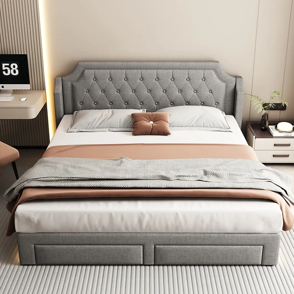 Lit Double 180x200 cm, Lit Capitonné avec LED et 2 Tiroirs, Structure en Tissu Lin et Métal, Gris - Sans Matelas