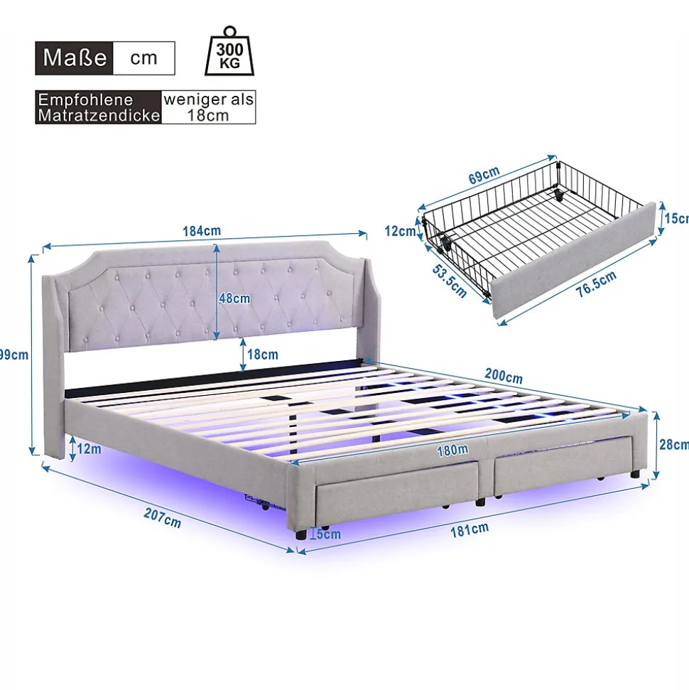 Lit Double 180x200 cm, Lit Capitonné avec LED et 2 Tiroirs, Structure en Tissu Lin et Métal, Gris - Sans Matelas