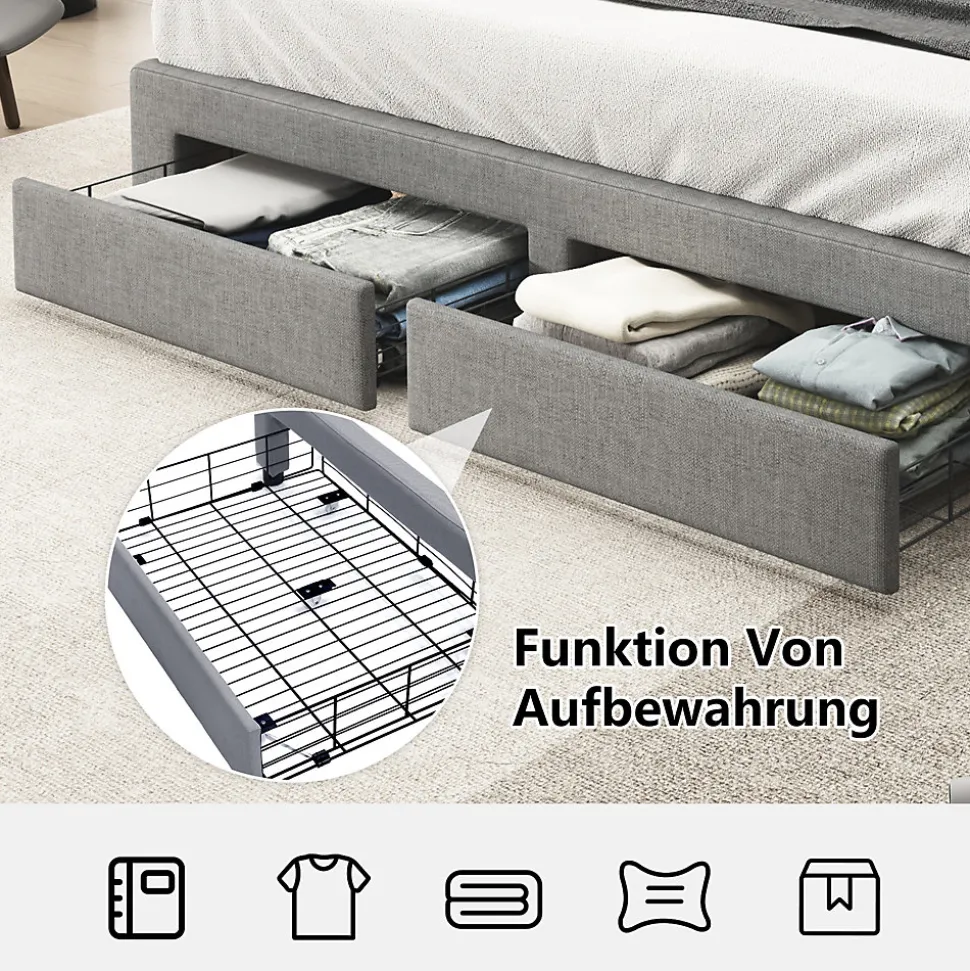 Lit Double 180x200 cm, Lit Capitonné avec LED et 2 Tiroirs, Structure en Tissu Lin et Métal, Gris - Sans Matelas