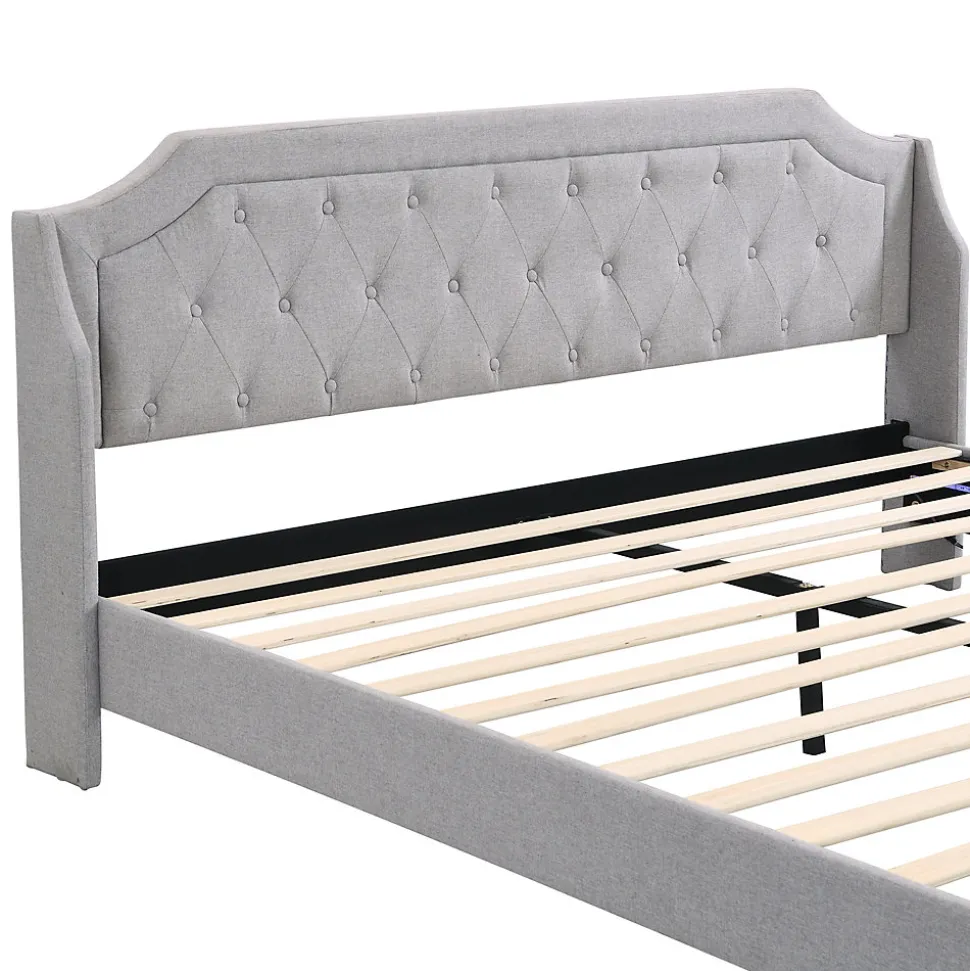 Lit Double 180x200 cm, Lit Capitonné avec LED et 2 Tiroirs, Structure en Tissu Lin et Métal, Gris - Sans Matelas