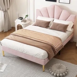 Lit double 140x200 cm, Lit capitonné en velours avec tête de lit coquillage et pieds dorés - Sans Matelas, Rose