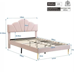 Lit double 140x200 cm, Lit capitonné en velours avec tête de lit coquillage et pieds dorés - Sans Matelas, Rose