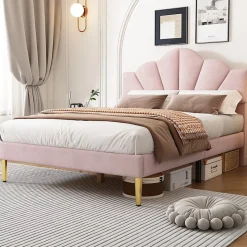 Lit double 140x200 cm, Lit capitonné en velours avec tête de lit coquillage et pieds dorés - Sans Matelas, Rose