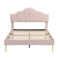 Lit double 140x200 cm, Lit capitonné en velours avec tête de lit coquillage et pieds dorés - Sans Matelas, Rose