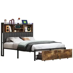 Lit Double 160x200 Cm, Lit Capitonné Avec LED Et Prises USB, Pu Tête De Lit Avec Rangement, Noir