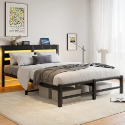 Lit Double 140x190 cm, Lit Métal Ado avec Éclairage LED et Prises USB, Rangement Sous le Lit, Sans Matelas, Métal et Bois, Noir